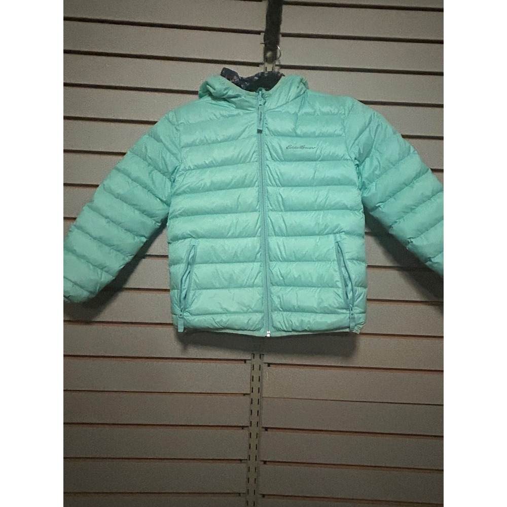 Eddie Bauer Kids Reversible Down Puffer Jacket Aqua Mint Floral Size S 7/8